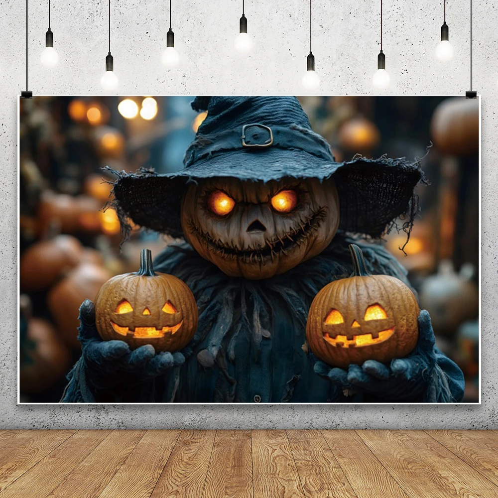 

Horror Halloween Photography Background Terrifying Full Moon Night Pumpkin Lamps Scarecrow Halloween Party Decor Photo Backdrop