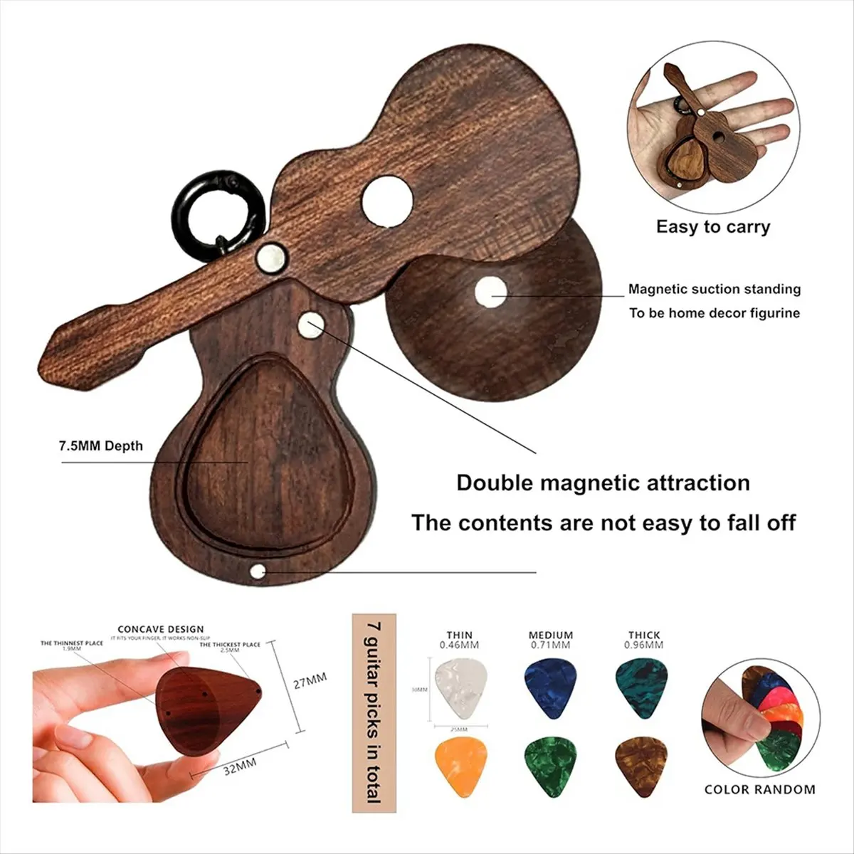 (AD12) Guitar Pick Holder with Guitar Picks Guitar Keychain Wooden Home Decor Statues Wood Guitar Pick Case