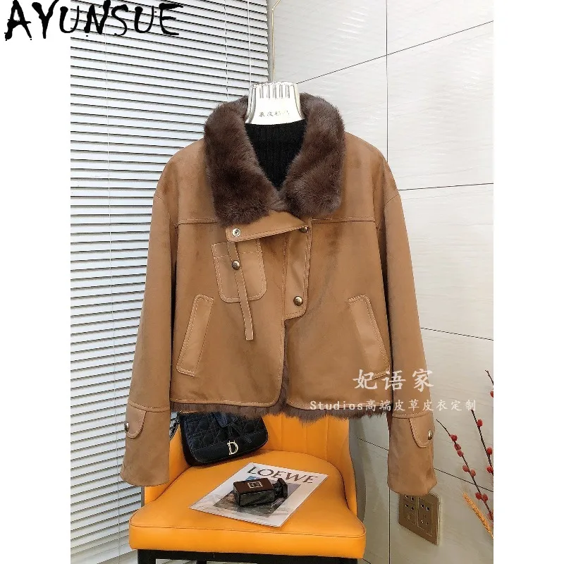 AYUNSUE Rabbit Fur Integrated Leather Women Winter Coat Spliced Real Leather White Goose Down Parka Down Jacket Woman Clothes