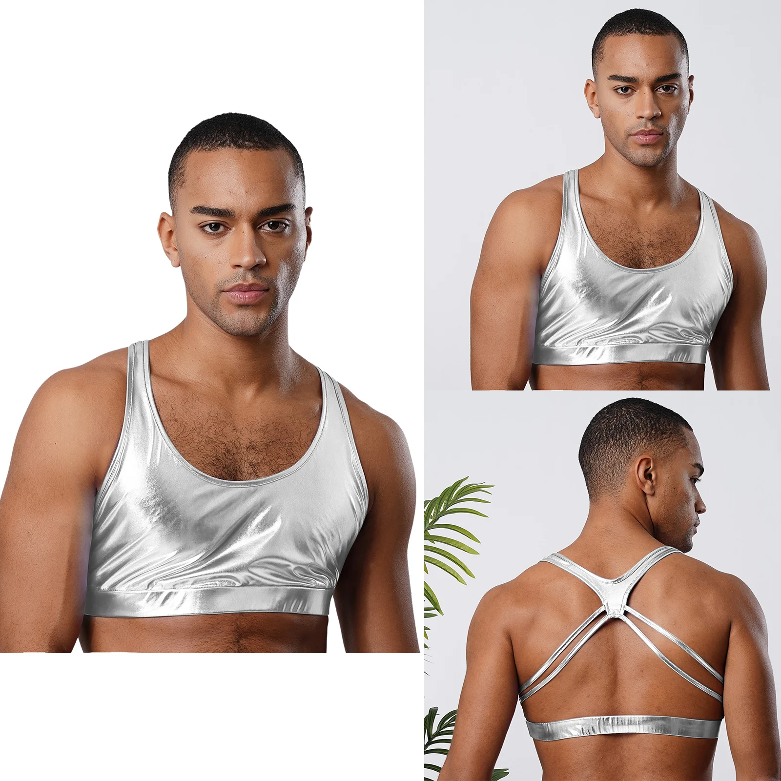 

Men Summer Sport Shiny Top Sleeveless Backless Navel Exposed Camisole Tanks Tops for Club Night Dance Tops Pool Swim Beachwear