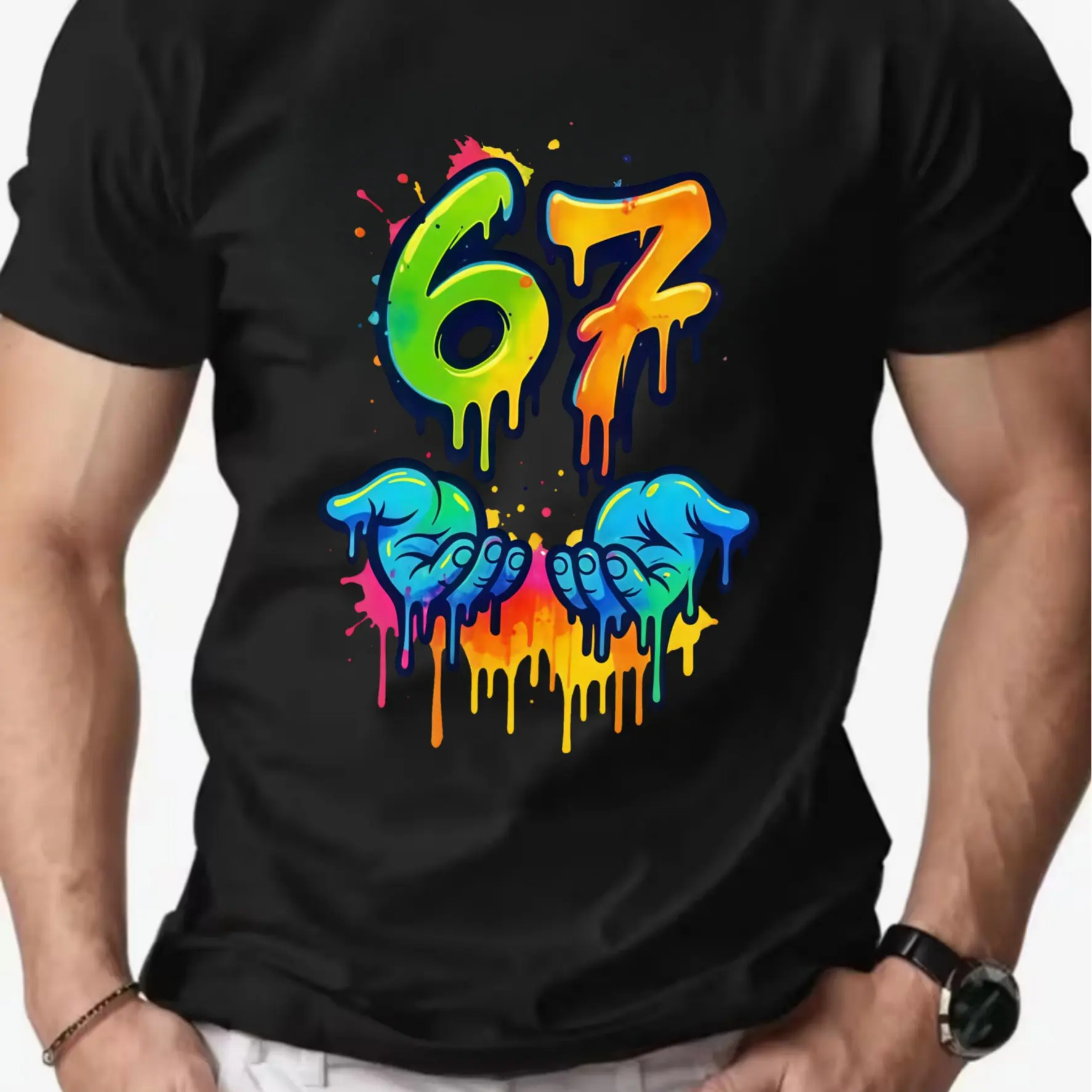 67 Hand Sign Drip Paint Graffiti T Shirt Color Splash Hip Hop Streetwear Unisex Casual Graphic Short Sleeve Tee