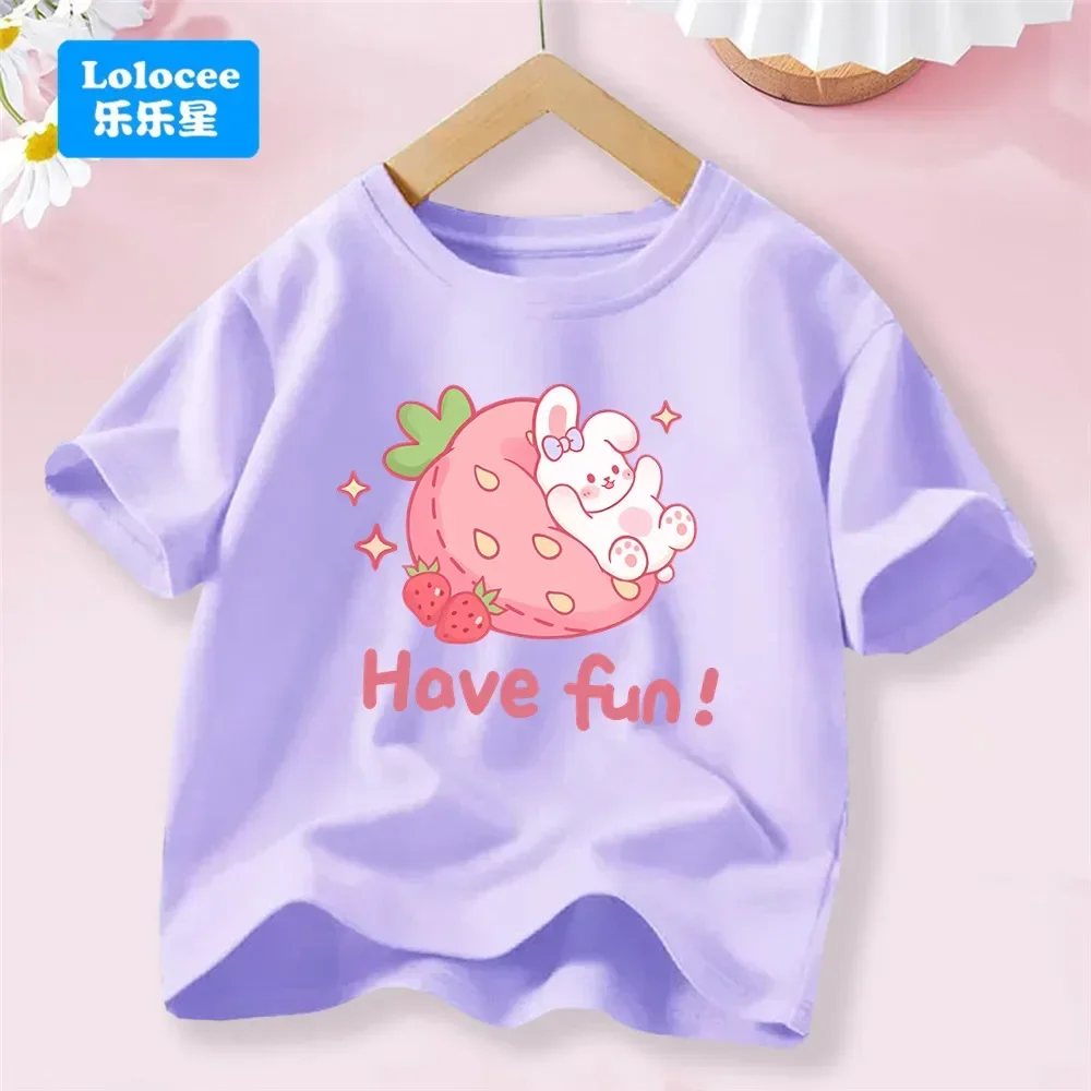 Summer 2025 New Kawaii Strawberry Rabbit Pink Tee Shirt for Children Cute O-neck Short Sleeve Girls Top