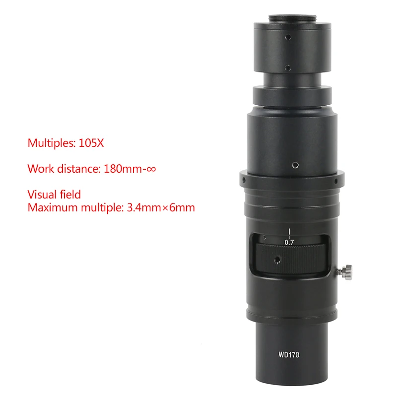 100X 120X 130X 160X 180X 200X 300X 320X 360X 500X 600X 105X Adjustable Zoom C-mount Monocular Lens 50mm Install Diameter