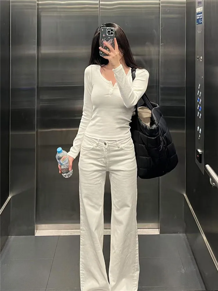

American Style Vintage White Wide Leg Jeans Women's Spring Autumn Sexy Slimming Floor-Length Pants Low Waist Button Closure