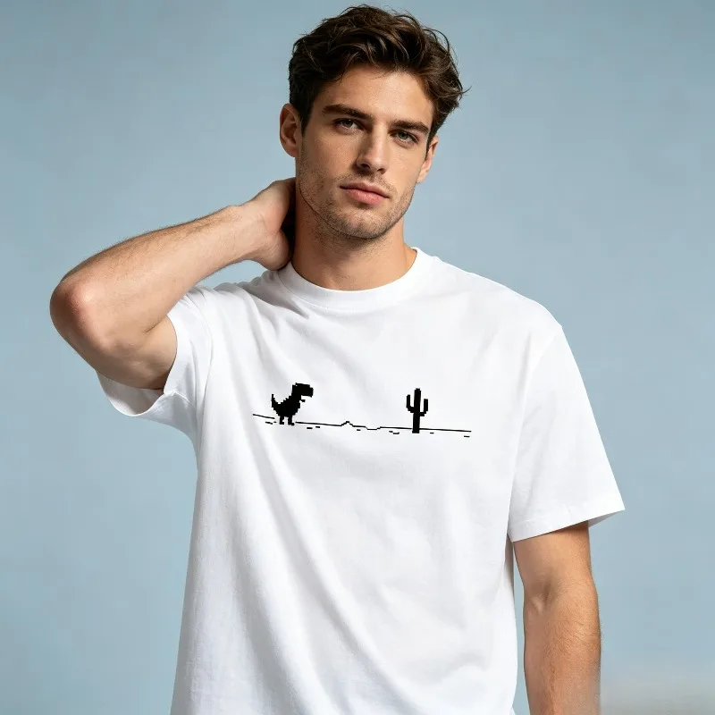 Pixel Dinosaur Desert Front Print Modal T‑Shirt, Cactus Retro Game Tees for Men Loose‑Fit Streetwear Top Casual Daily  Shirt