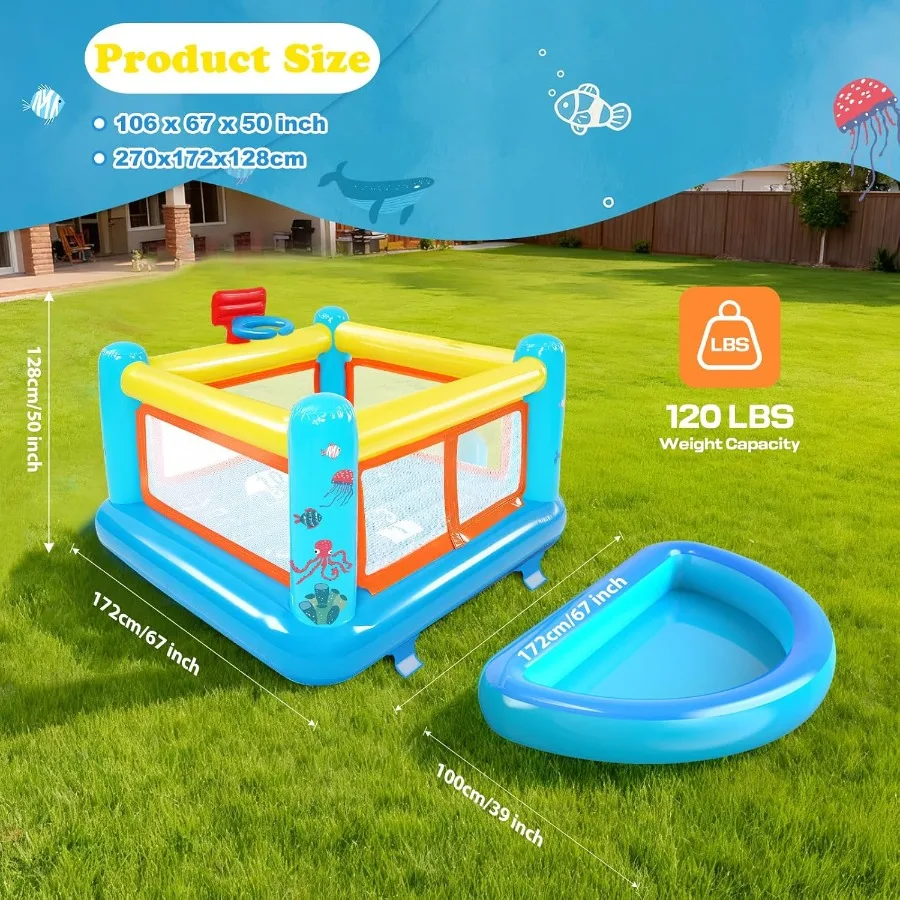 Aufblasbare Hüpfburg für kleine PVC-Hüpfburg, Spielhaus, Pullover, abnehmbarer Bällebad, Basketballkorb, Hopscotch-Spiel, Luftpumpe