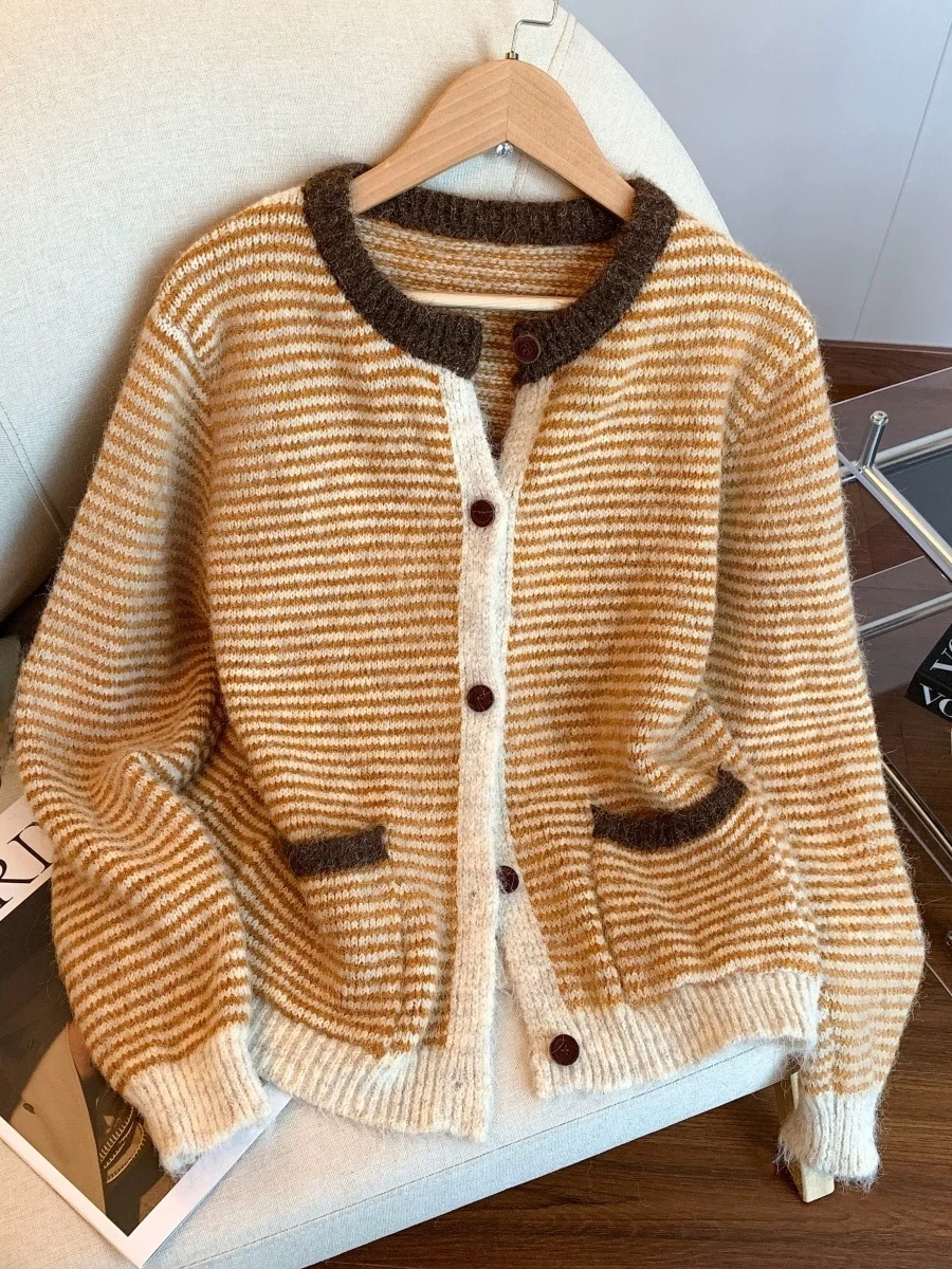 

Korean Color Blo Striped Knitted Open Cardigan Women's Autumn Winter New Sle Outerwear Soft Loose Sweater Versatile Top
