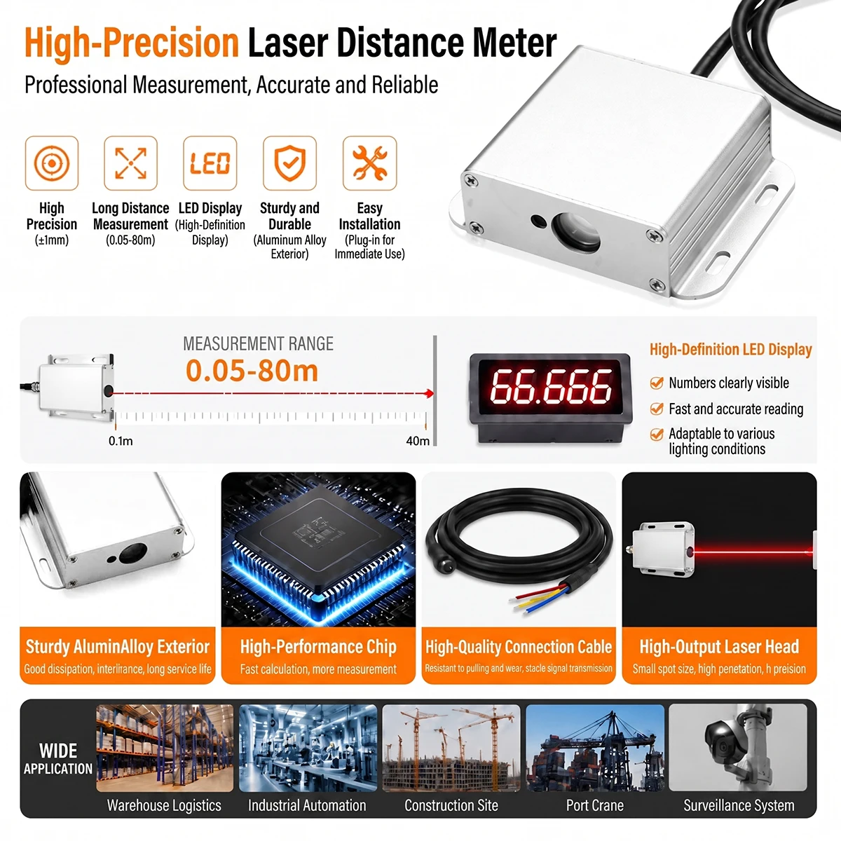 100Mdisplacement module of laser ranging sensor has a high-definition display screen to support 485/Modbus Rtu/ analog interface