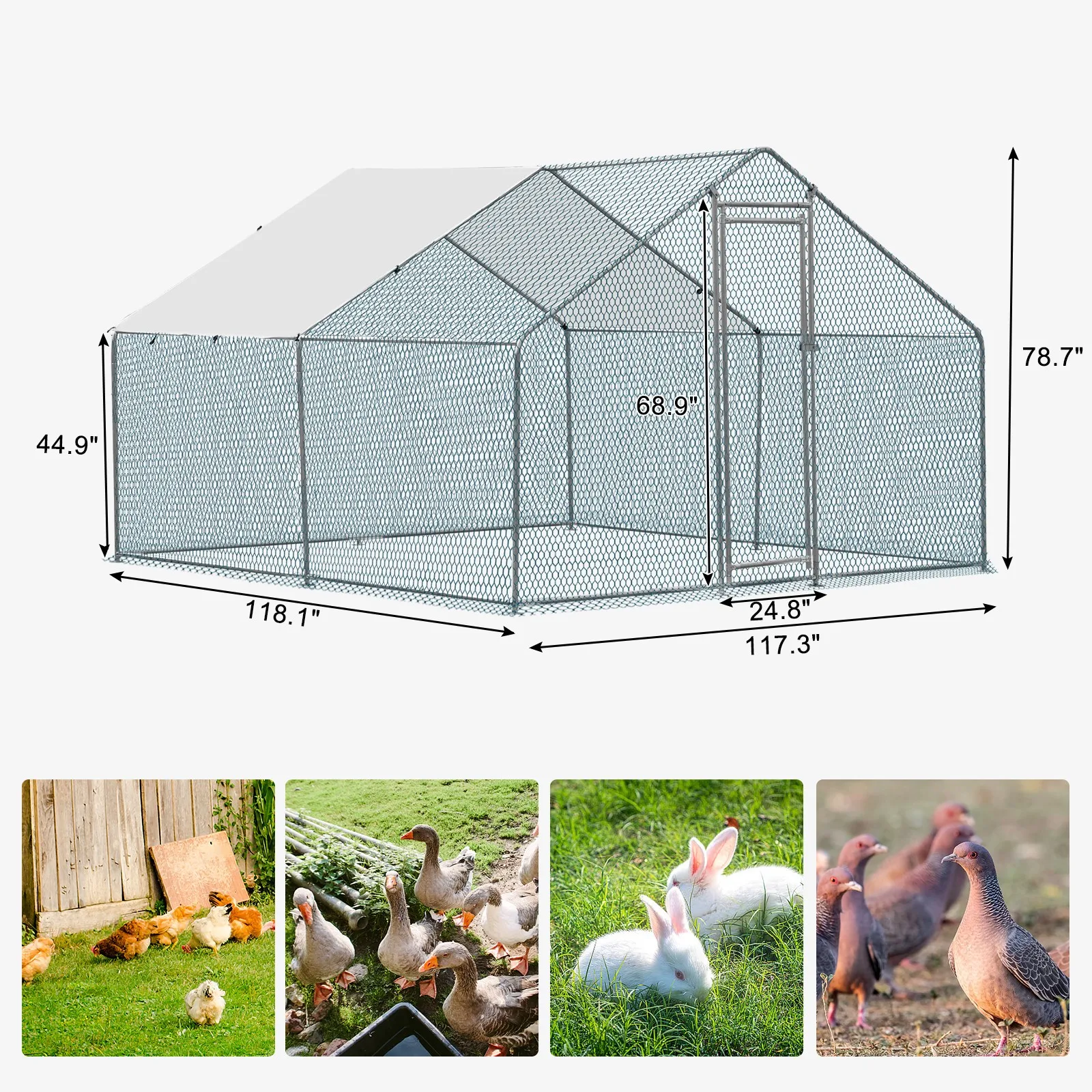 Large Metal Chicken Coop Walk-In Chicken Run 10ft x 10ft Peaked Roof w/Cover