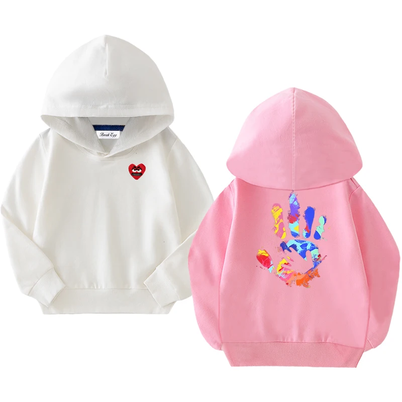 Palm Printing Boy Girl Hoodie Cotton Cute Red Snag Heart Embroidery Thin Pullover Loose Autumn Kid Casual Hoody