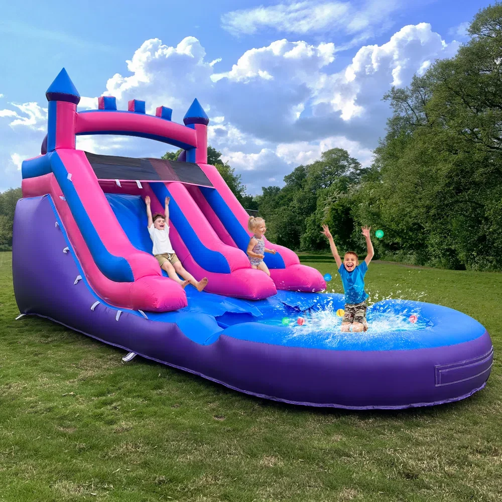 21ft Commercial Grade Navy and Purple Inflatable Water Slide with Splash Pool Bouncy Castle for Adults and Kids Includes Blower