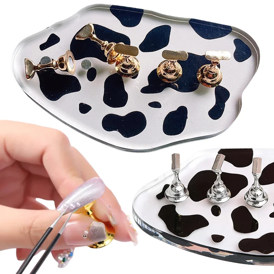 Soporte de exhibición para decoración de uñas con estampado de vaca, herramienta de estante de 5 puntas magnéticas para práctica de manicura, exhibición de salón, prensa en la fabricación de uñas