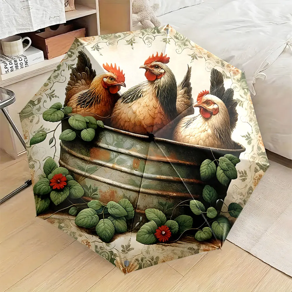 1PC Rustic Chicken-Themed Umbrella with Floral Decorations Print 8 Iron Ribs Folding Umbrella Auto-Open Fashion Sunshade