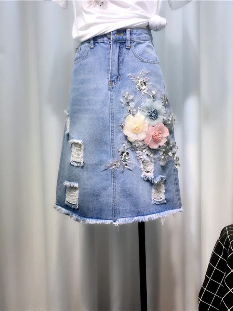 Fashion Denim Skirt Women\'s 2024 Summer High Waist Skirts Embroidry Flower Jeans Skirt Female A-line Pencil Skirts