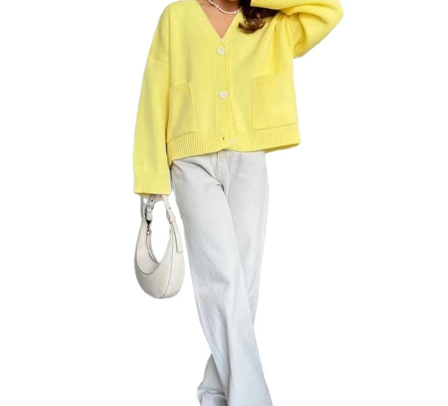 V-neck Pocket Knitted Cardigan 2025 Autumn and Winter New Loose and Lazy Design Sweater Jacket for Women
