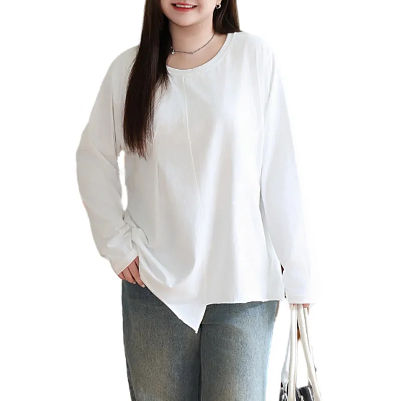 Women's Asymmetrical White Cotton T-Shirt, Long Sleeve Tops, Loose Tees, Good Quality, Plus Size, Fall, 2024