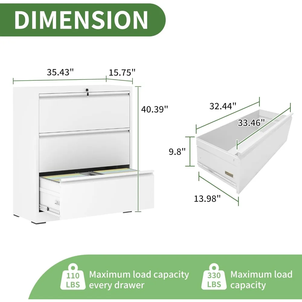 خزائن الملفات الجانبية المعدنية مع قفل، 3 خزائن الملفات ذات الأدراج للمكتب المنزلي، خزائن تخزين منظمة الملفات الواسعة من الفولاذ