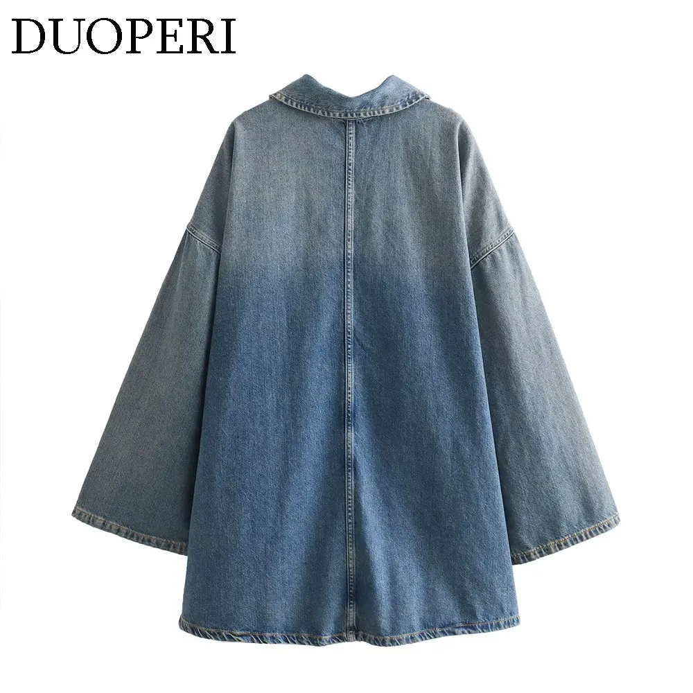 DUOPERI Women Fashion Solid Denim Dress Long Sleeves Female Chic Lady Casual Loose Short Dress