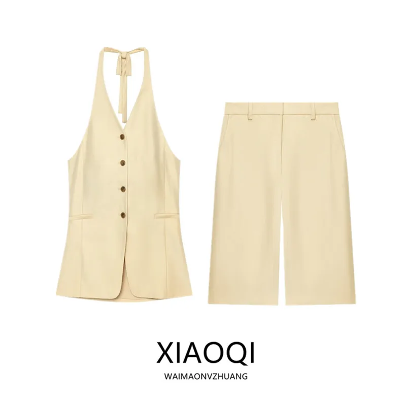 2026 Early Autumn New Women's Long Sleeve Neck Hanging Commuter Match All Long Shorts Set Fashionable Versatile Workwear