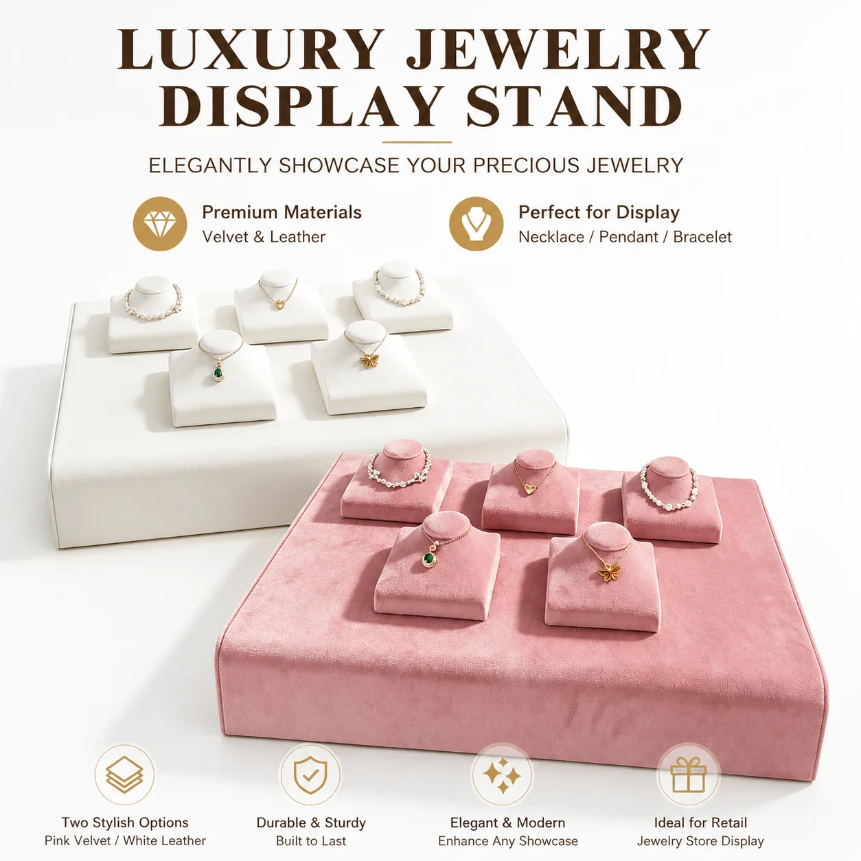White Leather & Pink Velvet Jewelry Display Stand 2026 New Luxury for Necklace Pendant Bracelet Counter Showcase