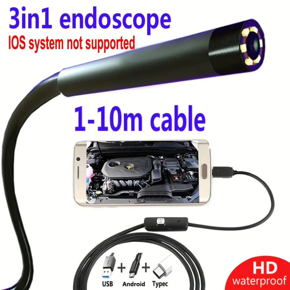 5.5mm HD Lens Waterproof Industrial Endoscope Tool for Car Repair Air Conditioner/Sewer Pipe Detection Android Type-C Interface