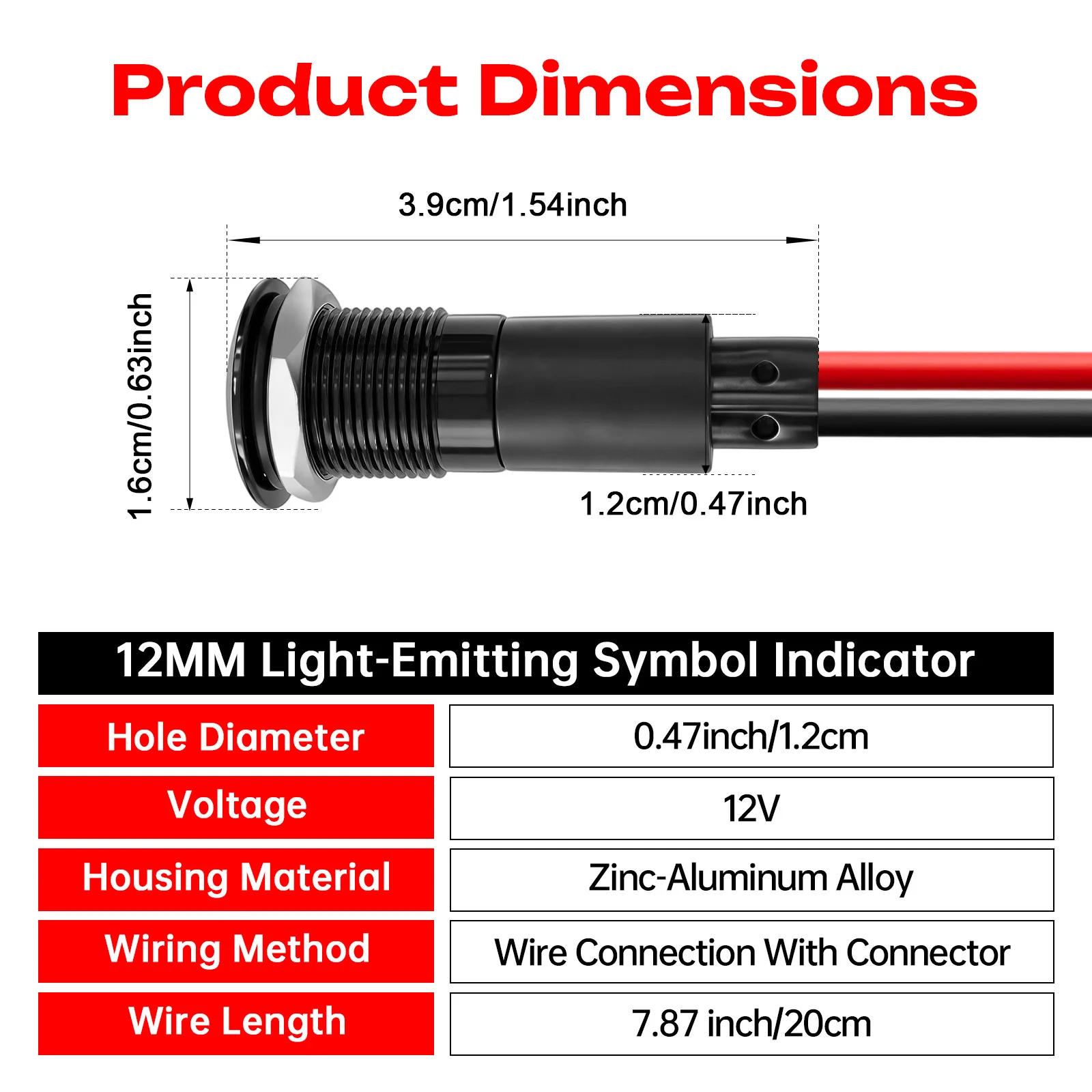 FILN 2PCS 12mm 12V Metal LED Symbol Indicator Light Pre-Wired Teflon Wire Green Arrow Signal Lamp for Car Marine Boat