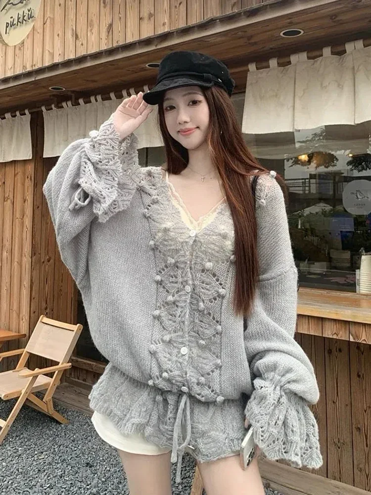 French Style Hollow Out Knit Cardigan Women Autumn New Vintage Lazy Loose Casual Sweater V Neck Lace Up Long Sleeve Baggy Tops