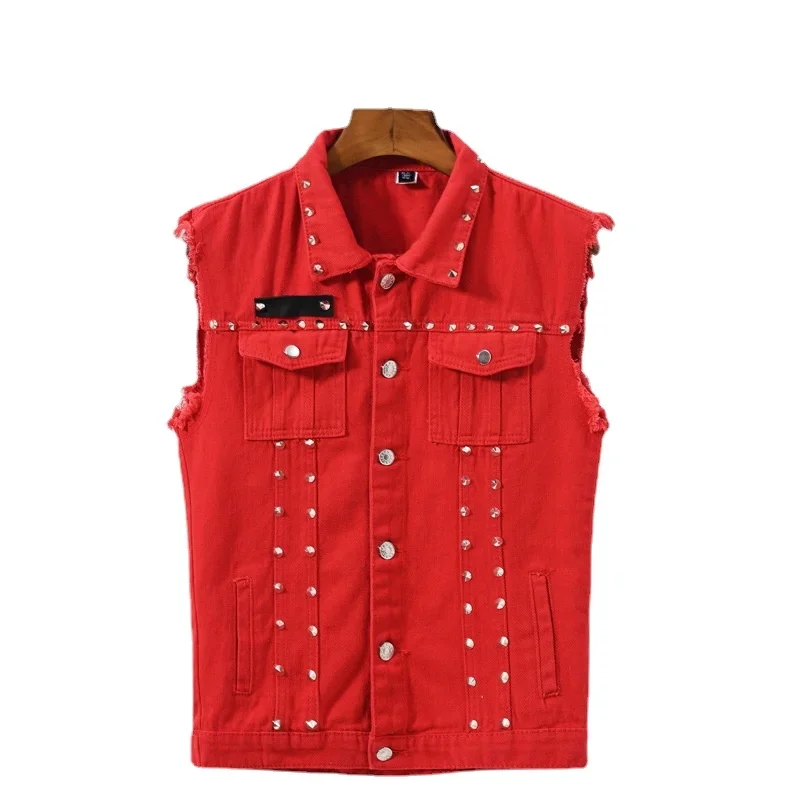

Men Rivet Denim Vests Jackets Waistcoats Fashion Men Motorcycle Denim Jacket Slim Denim Coats Vests Punk Style Jeans Vest 5XL