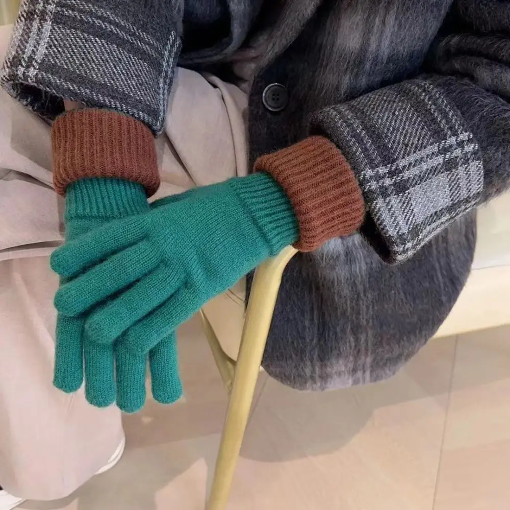 Fashion Warm Color Blocked Knitted Gloves Dual-purpose Open-Finger Long Gloves Soft Thicken Arm Cover Skiing