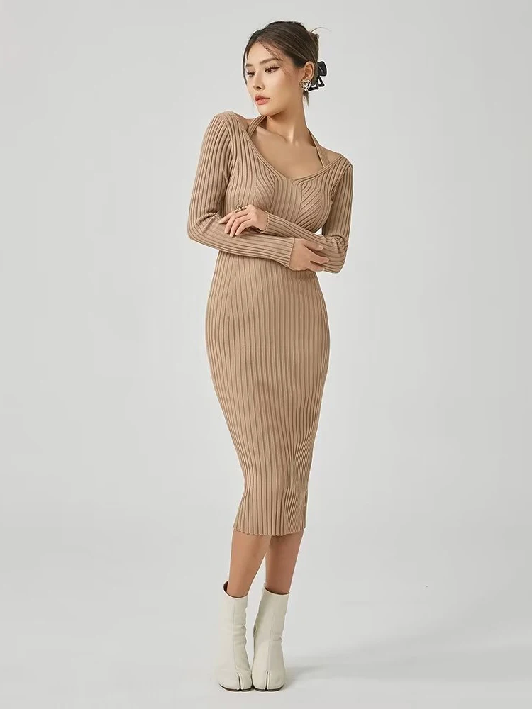 

Women Knitted Stretchable Slim Khaki Dress Spring Autumn Halter Long Sleeve Chic Midi Dresses