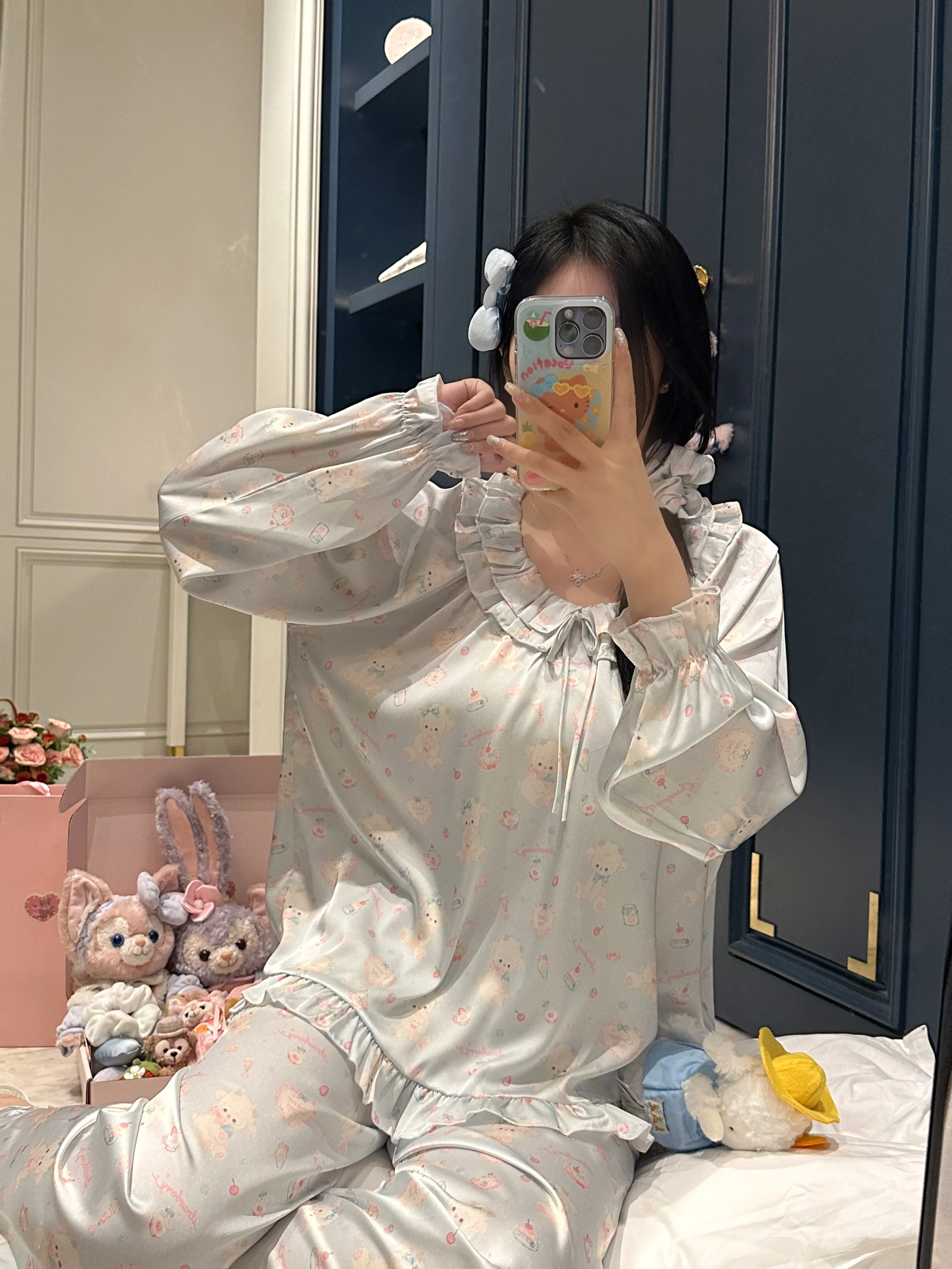 Cute Sweet Girl Japanese Original Satin Ice Silk Pajamas Long Sleeves Doll Collar Cartoon Print Long Sleeves Cool Loungewear