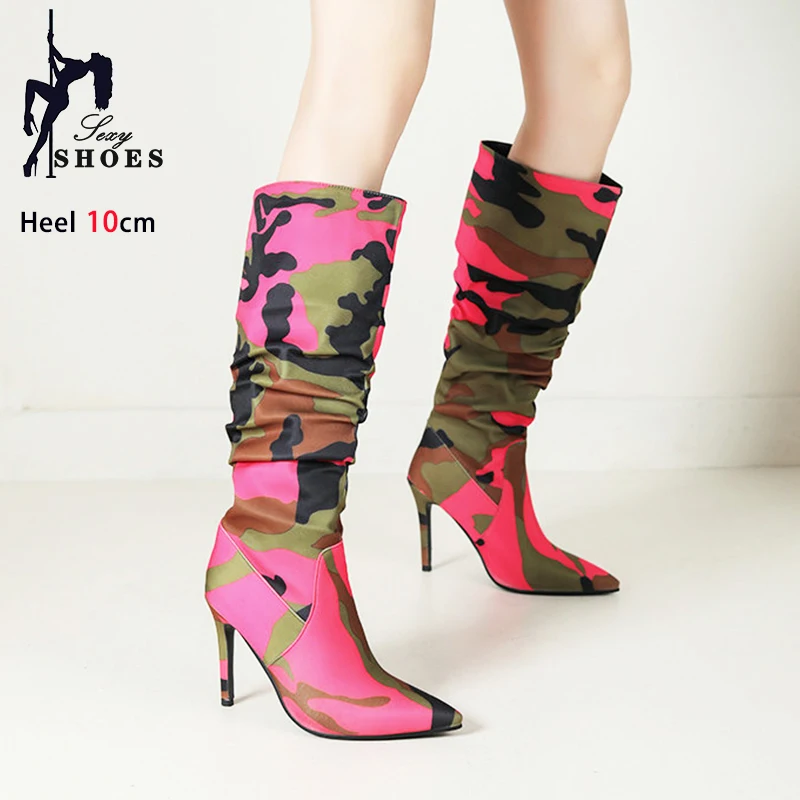 Stiletto Heel Boots Woman 10CM Mixed Colors Pointed Toe Heels Large Autumn Camouflage Boots Fashion Women Knee-High Long Shoes