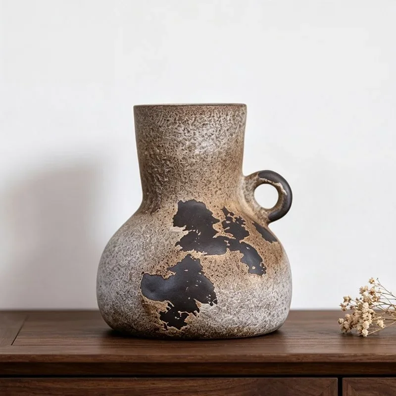 Premium Vintage Japanese Wabi Sabi Rough Clay Ceramic Single Ear Vase Elegant Decor Ornament For Living Room Tea Room Gifts
