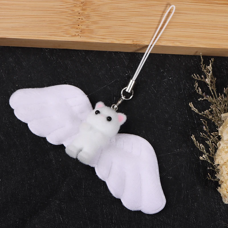 Y Cartoon Flocking Angel Cat Phone Lanyard Cute Wing Cat Cell Phone Strap Keycord Mobile Phone Chain Accessories