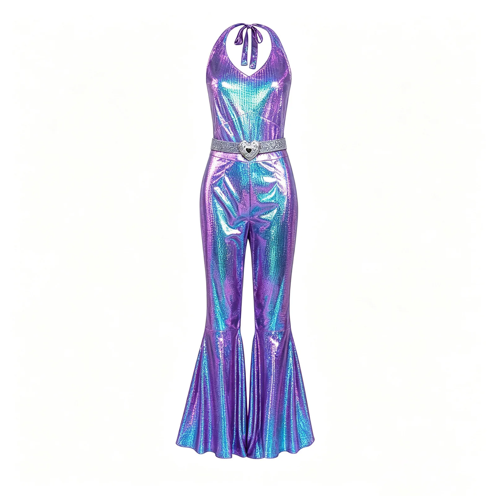 Funkelnder Metallic-Discobodysuit für Damen, ärmellos, mit V-Ausschnitt, rückenfrei, Schlaghose, 70er-Jahre-Nachtclub-Bühnen-Cosplay-Outfit – Detail 23