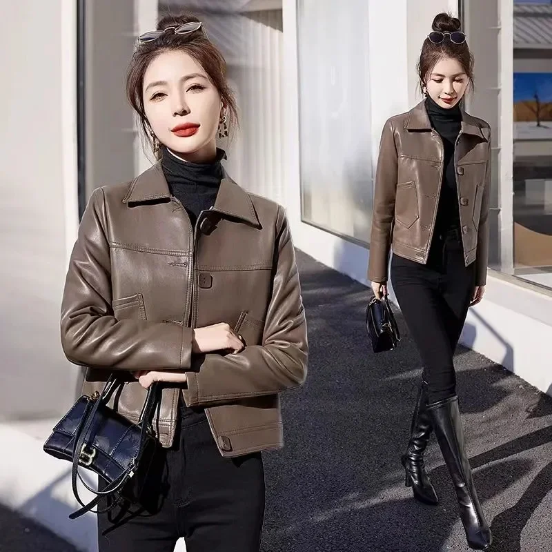 Ladies Slim Leather Coat In Autumn And Winter Short Casual Solid Color Single-Breasted Slim Ladies Suit Collar Outerwear L248