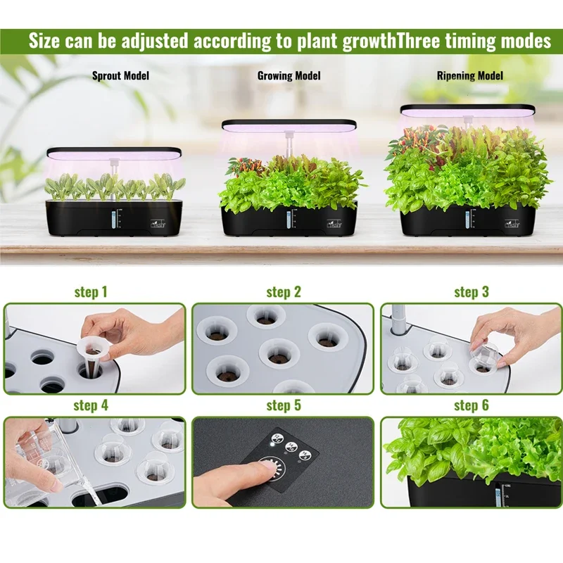 Seed Indoor Garden Kit com LED Full-Spectrum, Hidroponia Crescendo, Erogarden Planta, Crescer a Função de Luz, 12 Pods