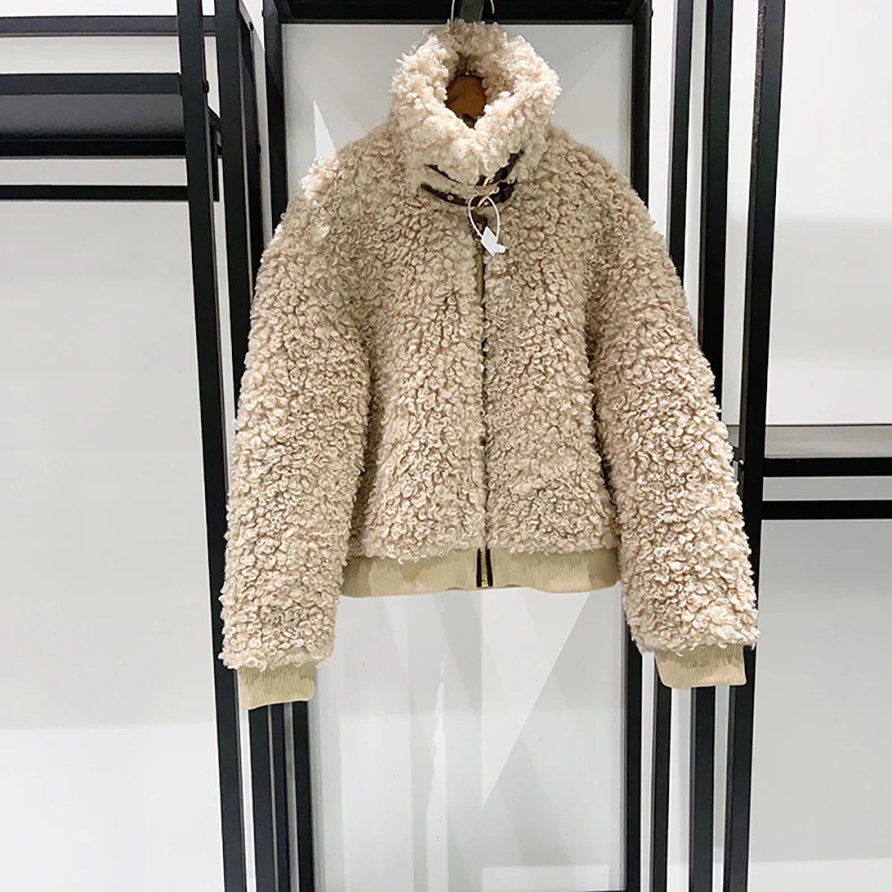 

Женское пальто из искусственной овчины с воротником-стойкой и кожаной отделкой Y2K, ветрозащитная теплая куртка, осень/зима 202, Новое поступление