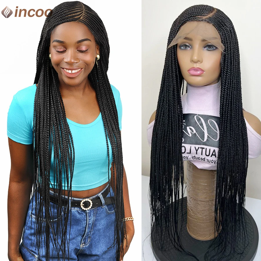 Synthetic Full Lace Box Braided Wigs Side Part Cornrows Braids With Baby Hair Goddess Knotless Braids Wig For Black Women 36Inch