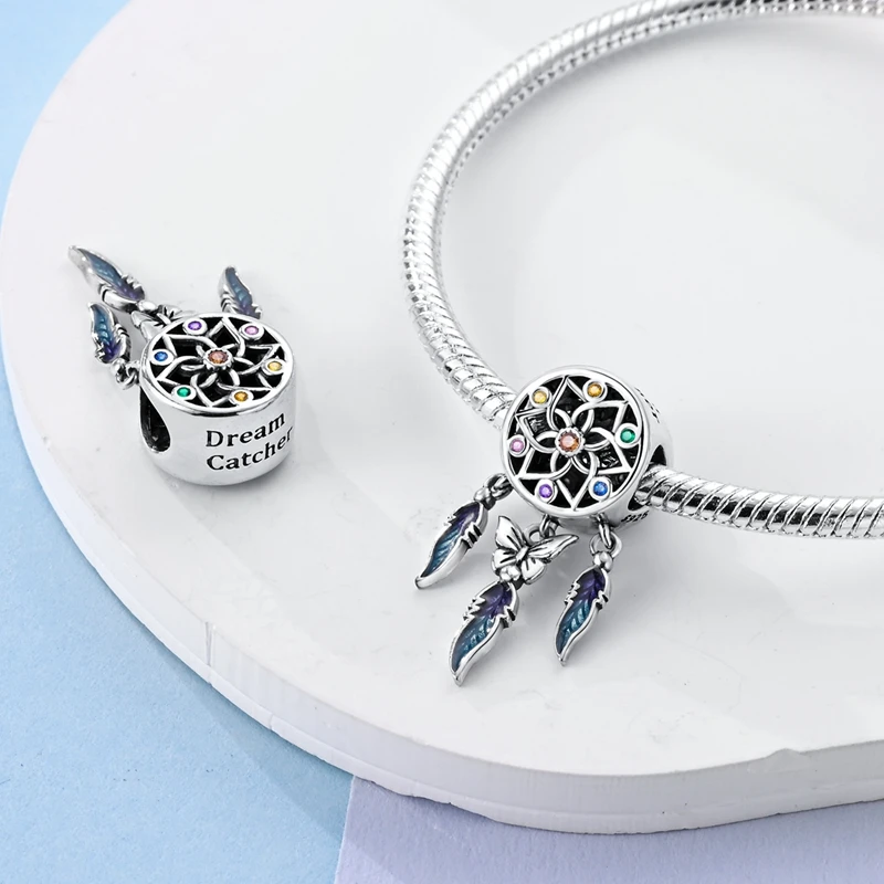 100% Real 925 Sterling Silver Feather Dreamcatcher Tassel Charms Beads Fit Original Qikaola Bracelet Bangle Fashion DIY Jewelry
