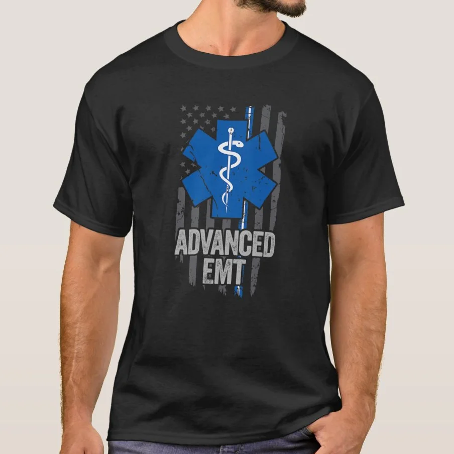 USA Flag Blue White Thin Line Advanced EMT Star of Life T Shirt. High Quality Cotton, Breathable Top, Loose Casual T-shirt S-3XL