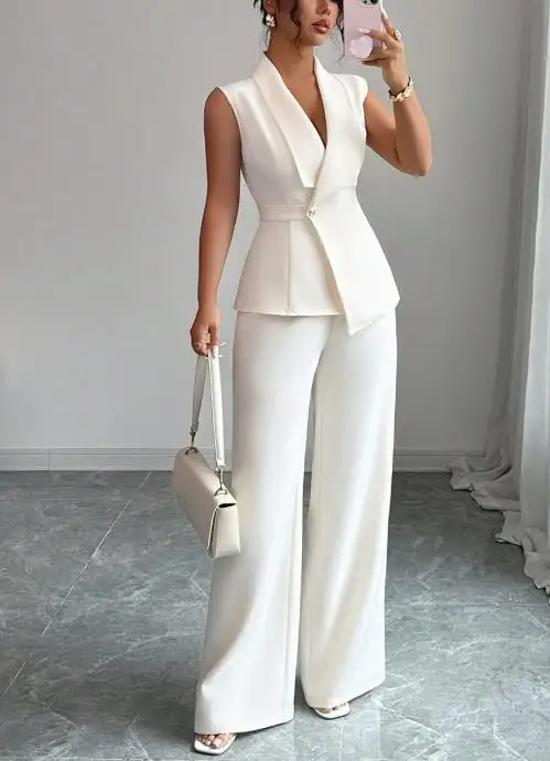 ชุดเซ็ทสองชิ้นสำหรับผู้หญิง ฤดูใบไม้ผลิ 2025 ใหม่ สไตล์หรูหรา สีพื้น คอวี แขนกุด เสื้อกั๊กเอวเข้ารูป และกางเกงขายาวทรงตรง