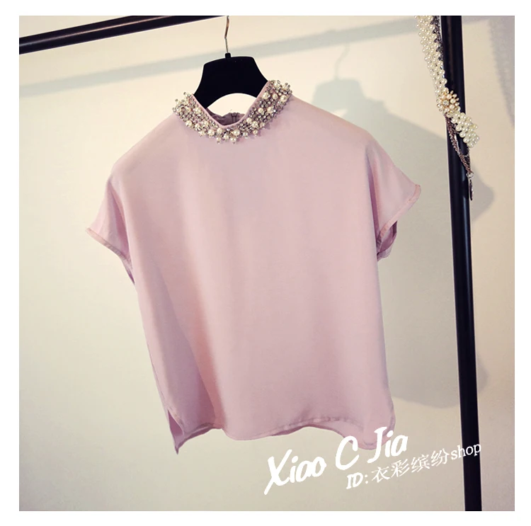 Luxury Beads Stand Collar Chiffon Blouse Rhinestone Pearl Short Sleeve Solid Color Korean Elegant Summer Women Shirt Tops