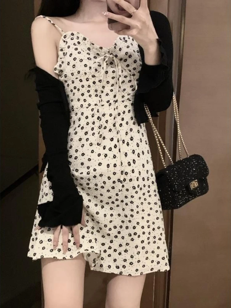 

2 Pcs Sets Women Floral Mini Dress Open-stitch Jackets Elegant Spring Holiday Casual Simple Basics Clothing Streetwear Mujer New