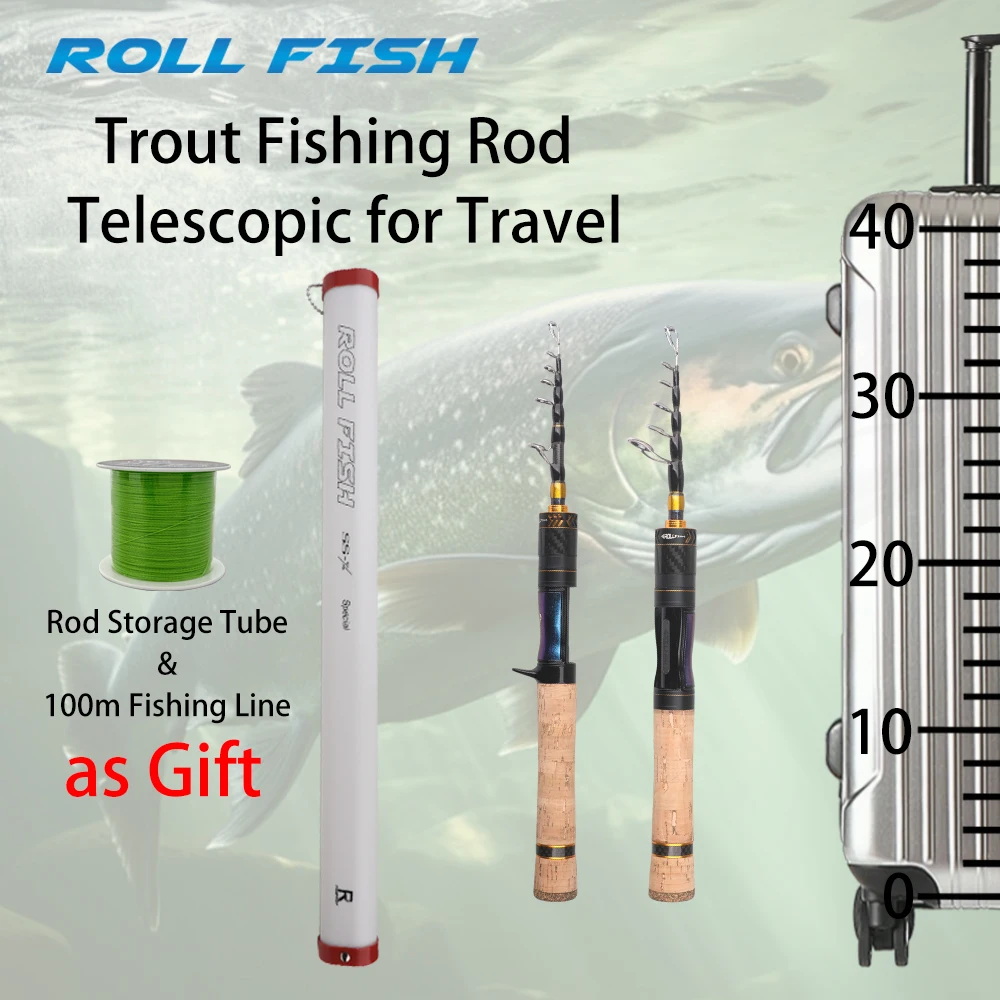 

ROLLFISH Telescopic Travel Trout Fishing Rod Ultralight Portable Cork Handle Sound Reel Seat X Cross Carbon Send 100m PE Line