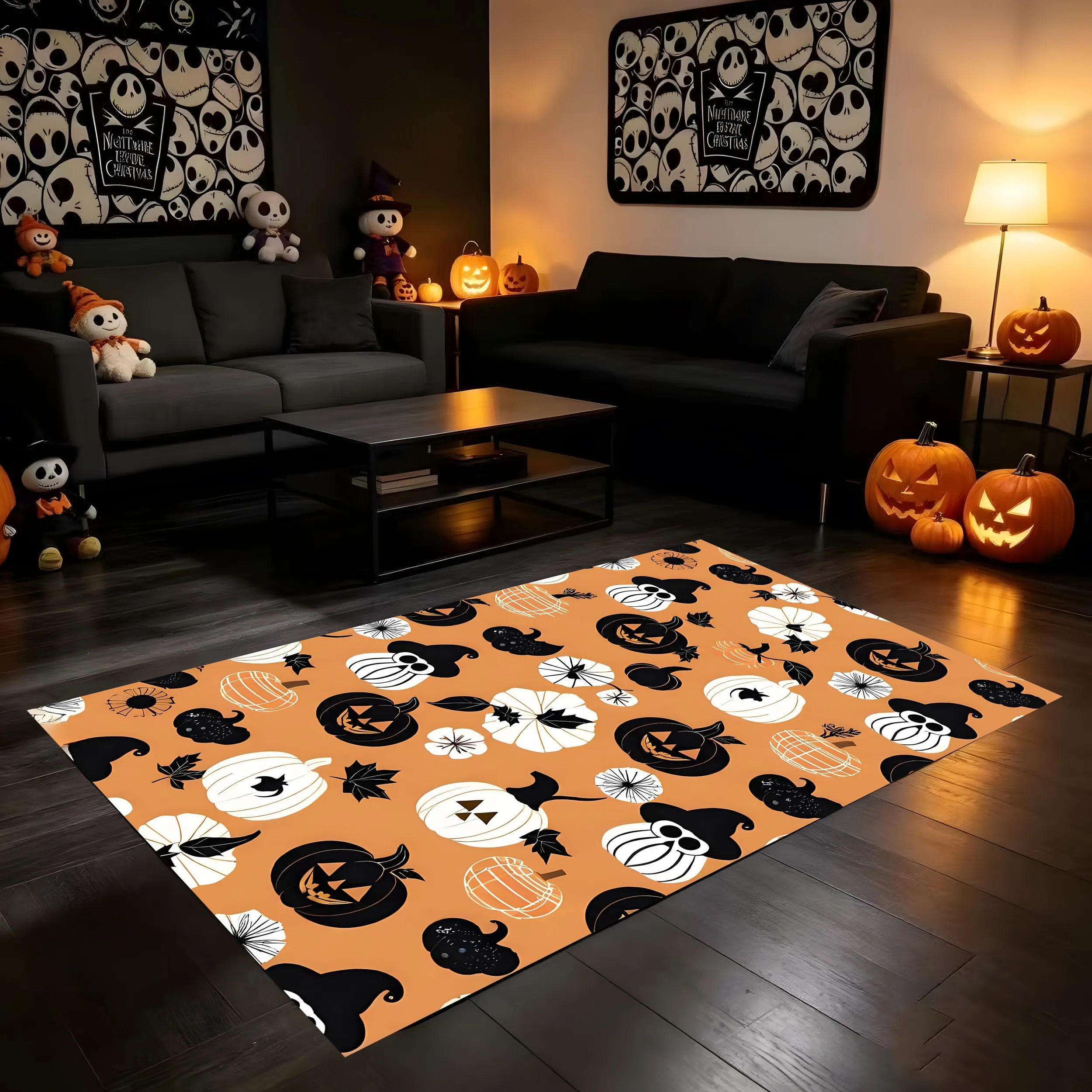 2D Carpet Halloween Pumpkin Bat Ghost Face Elements Bright Eye Catching Cartoon Style Perfectly Captures Halloween Spirit