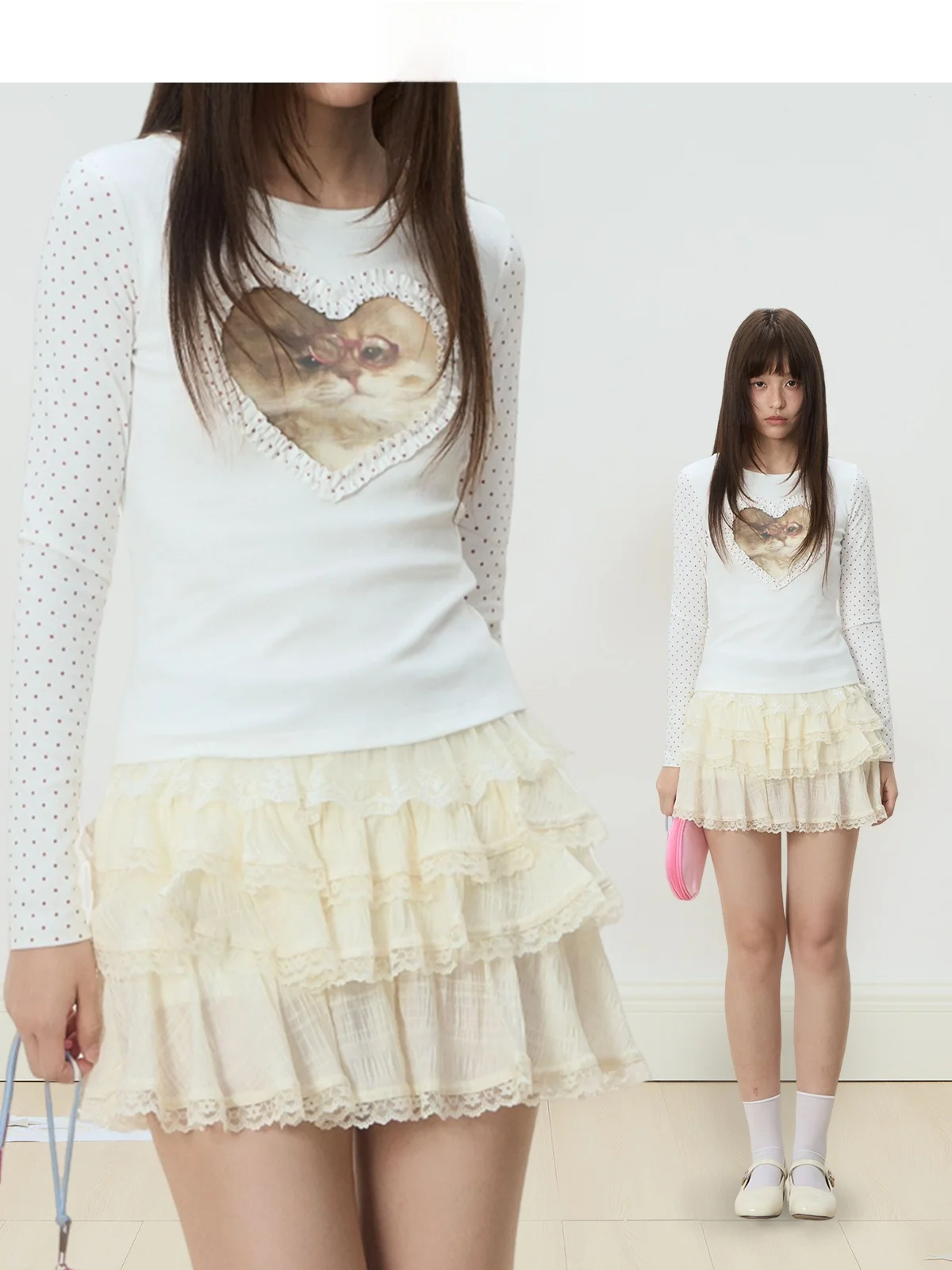 

Slim Fit Long Sve T-irt Women's Original Polka Dot Heart Print round Ne Comfortable Korean Sle Commute Faion