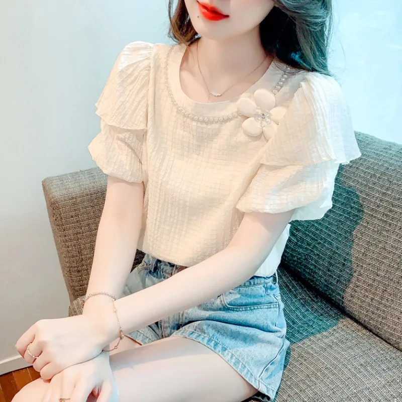 

Женская летняя шифоновая футболка с коротким рукавом-фонариком, скрывающая живот, в корейском стиле, свободного кроя, с круглым вырезом