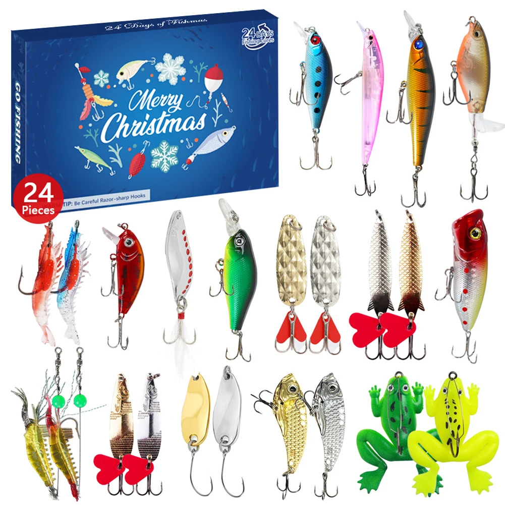 24 Pcs Fishing Tackle Set Fish Bait Set 8 Hard & 6 Soft & 10 Spoon Baits Christmas Gifts 24 Delightful Hooks Lures Floats