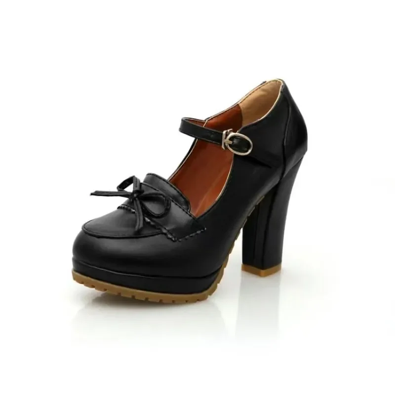 

2024 new spring autumn women pumps plus size 22-25.5cm Superfiber Bow ankle buckle Mary Jane shoes high heel women shoes